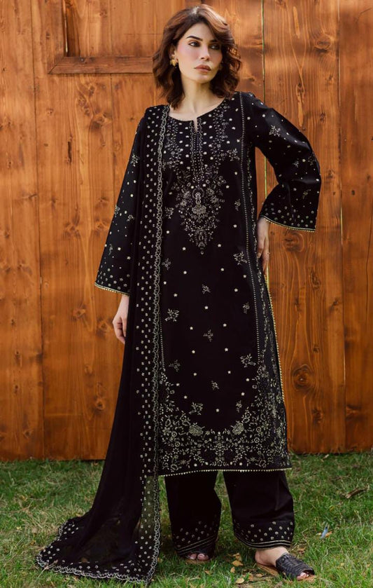 Black-Unstiched Lawn 3pc Embroidered