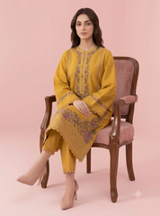 Sajjal-✦-Premium Unstitched Dhanak Embroidered 2pc Suit - Mustard