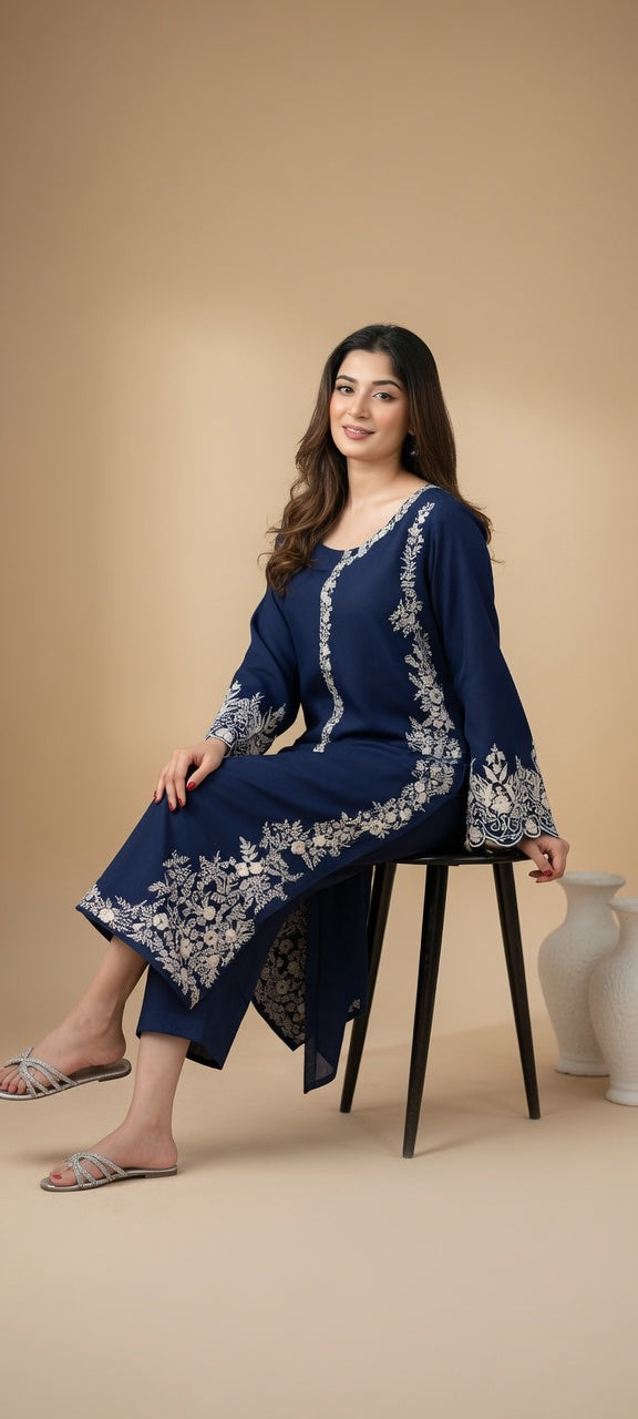 Inaya-Women's Premium Embroidered Lawn 2-Piece Suit – Navy Blue | Unstitched