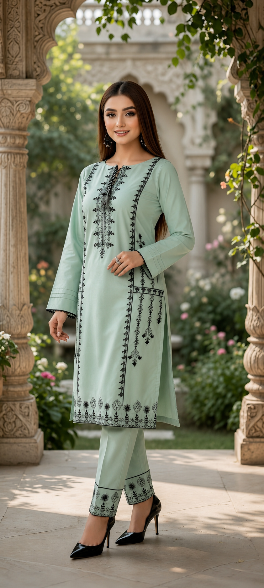 Itar Noir- Women's Premium Embroidered Lawn 2-Piece Suit – Light Ferozi | Unstitched