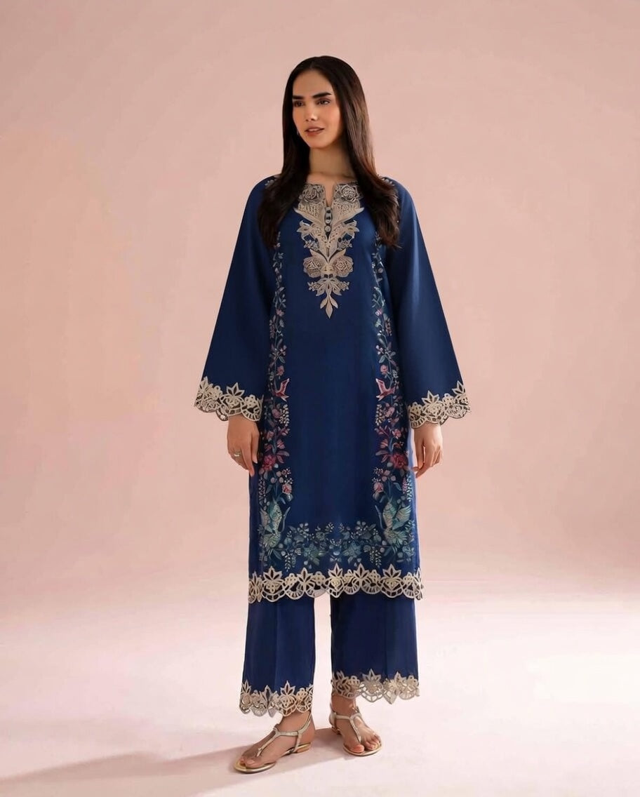 Nisha-Women's Premium Embroidered Lawn 2-Piece Suit – Navy Blue | Unstitched