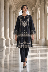 Faria-✦-Premium Unstitched Dhanak Embroidered 2pc Suit - Black