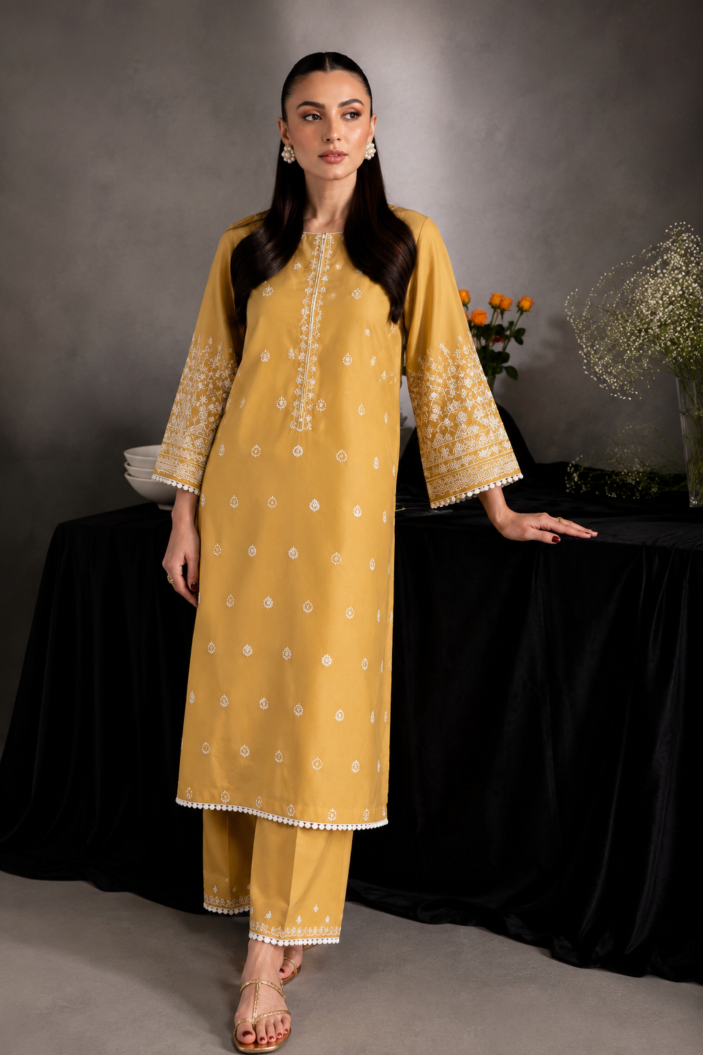 Nazar – Women's Premium Embroidered Lawn 2-Piece Suit – Mustard | Unstitched