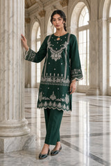 Faria-✦-Premium Unstitched Dhanak Embroidered 2pc Suit - Bottle Green
