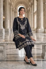 Faria-✦-Premium Unstitched Dhanak Embroidered 2pc Suit - Black