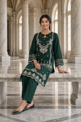 Faria-✦-Premium Unstitched Dhanak Embroidered 2pc Suit - Bottle Green