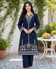 Aaita-✦-Premium Unstitched Dhanak Embroidered 2pc Suit - Navy Blue