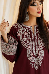 Gul Bareen-✦-Premium Unstitched Dhanak Embroidered 2pc Suit-Maroon