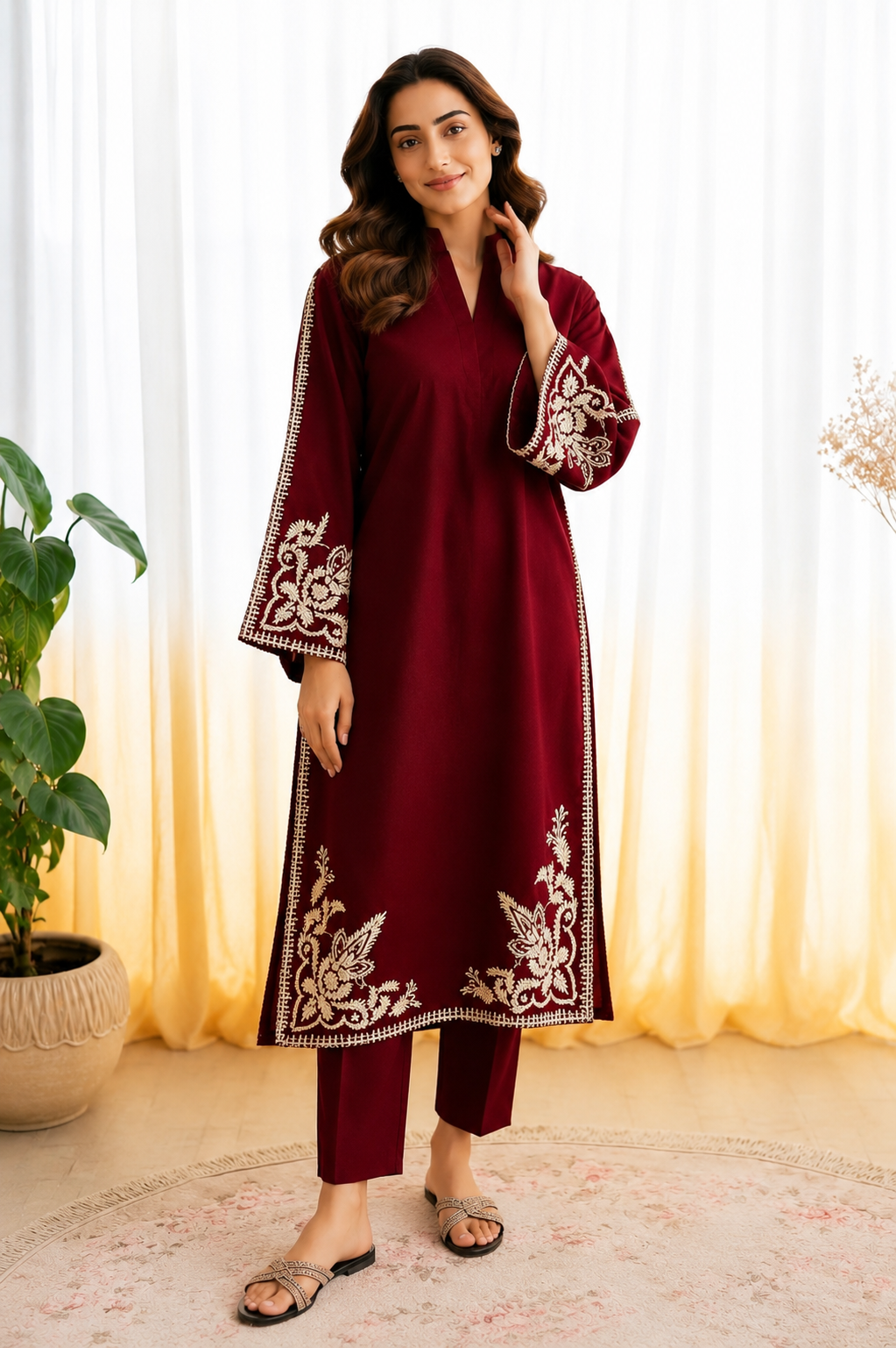 Husn-E-Jahan-Women's Premium Embroidered Lawn 2-Piece Suit – Maroon | Unstitched